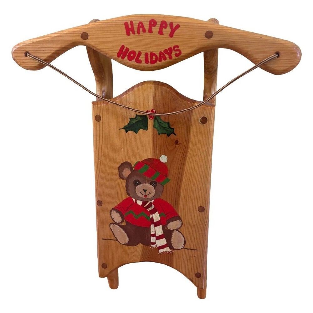Vintage Hand Painted Wooden Hanging Christmas Sleigh 1980s Bear Sled 18" x 15"